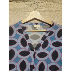 Milano Italy Women Blue Geometric Oval Print V-Neck Viscose Blouse Size 36